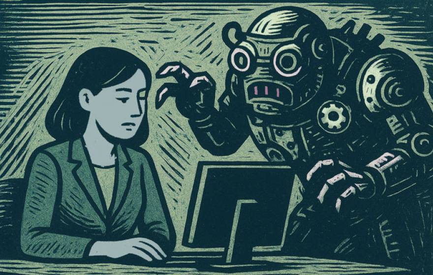 Illustration of a woman sitting at a desk looking down at her computer while a large, menacing robot looms behind her with clawed hands raised, suggesting anxiety or threat from technology.