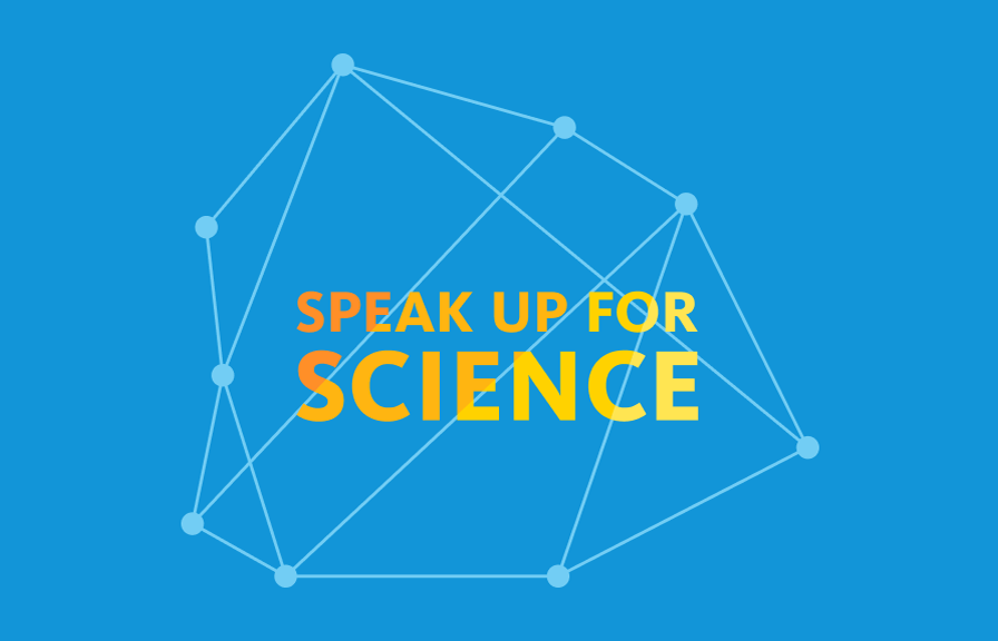 Text "Speak Up for Science" in yellow and orange on a blue background with connected dots form a geometric shape