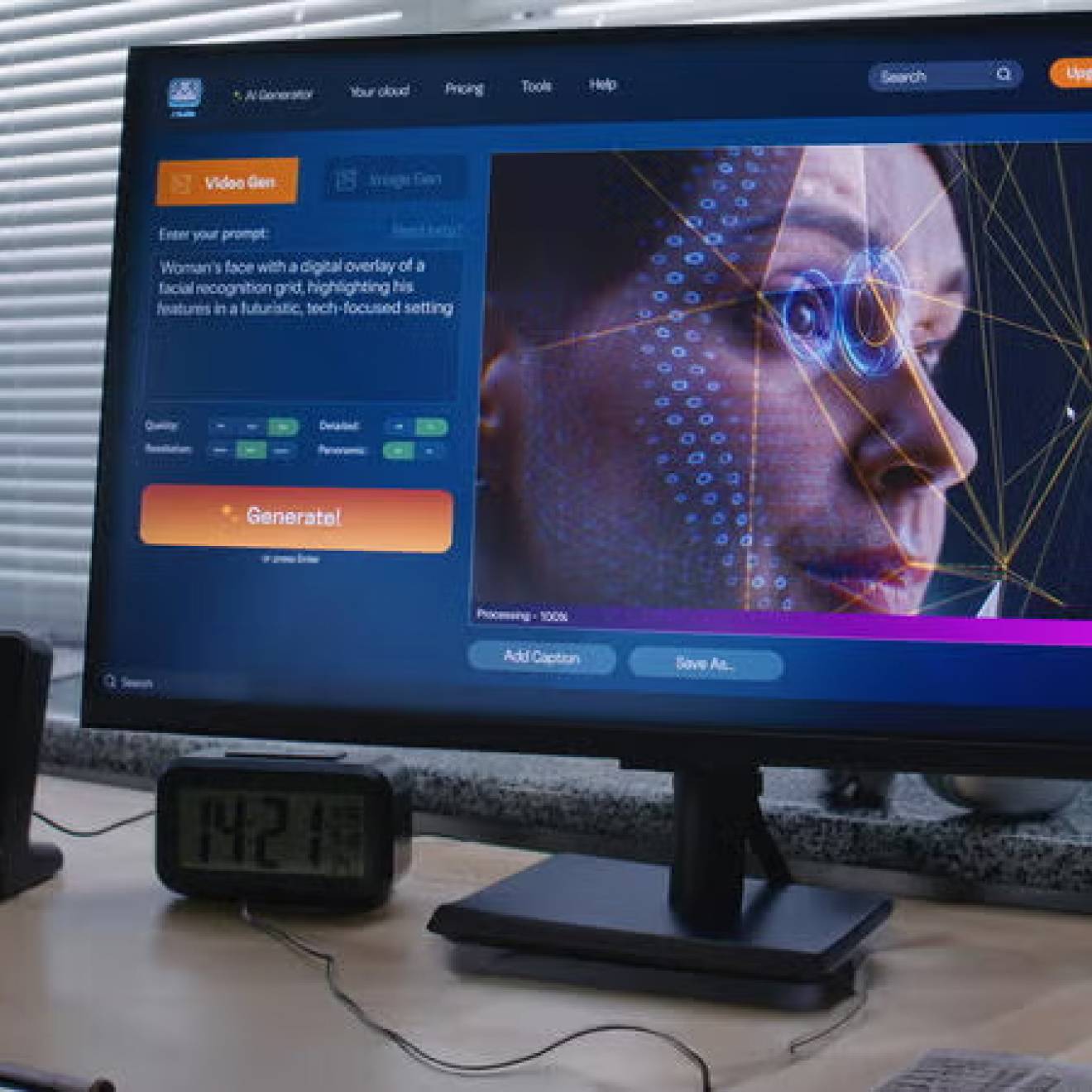 A desktop with a computer showing an AI video being generated