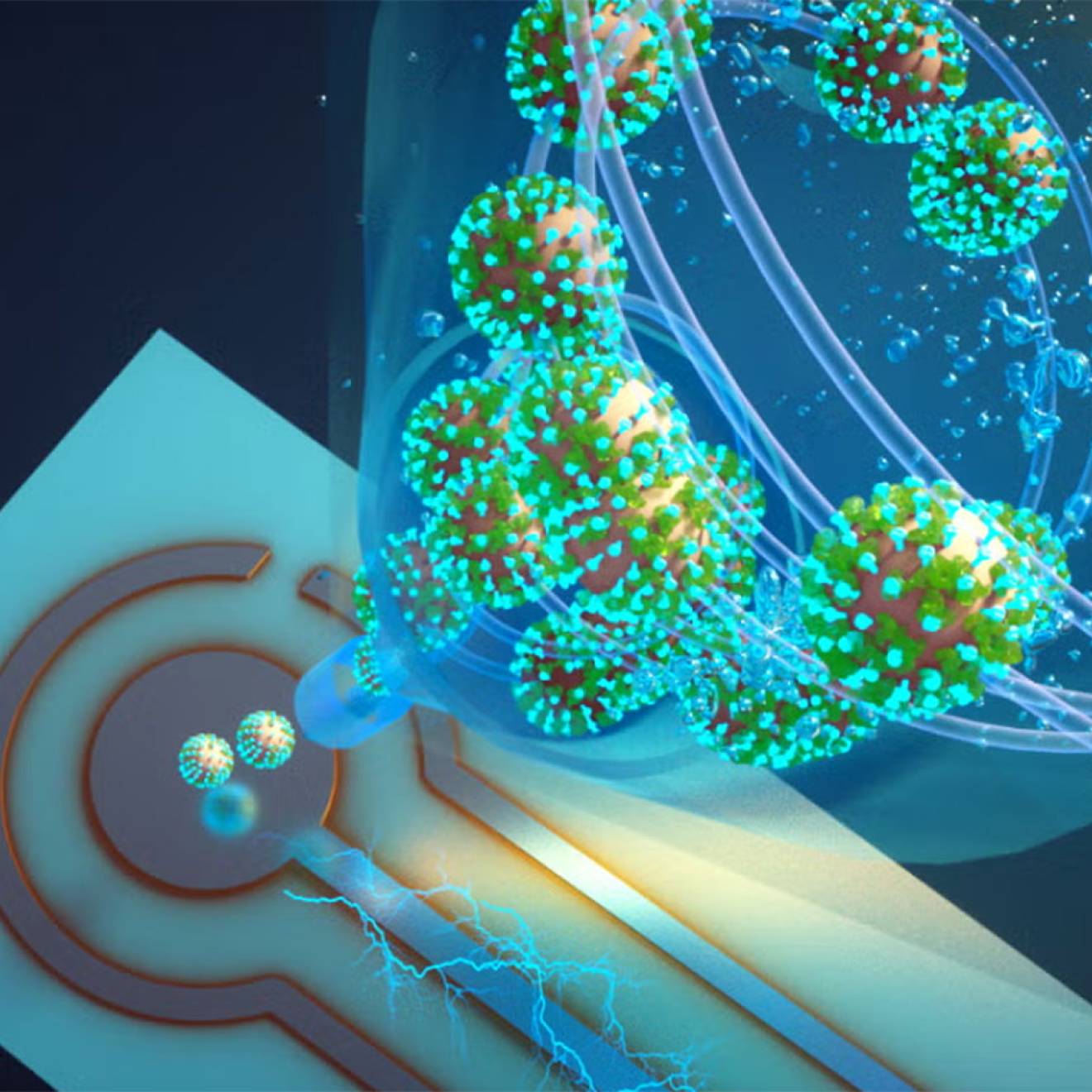 Conceptual illustration of a nanoscale biosensor detecting virus-like particles. Spherical particles covered in green and blue spikes flow through a transparent tube toward a circular electronic sensor on a chip, with electric currents and light effects suggesting signal detection and data transmission.