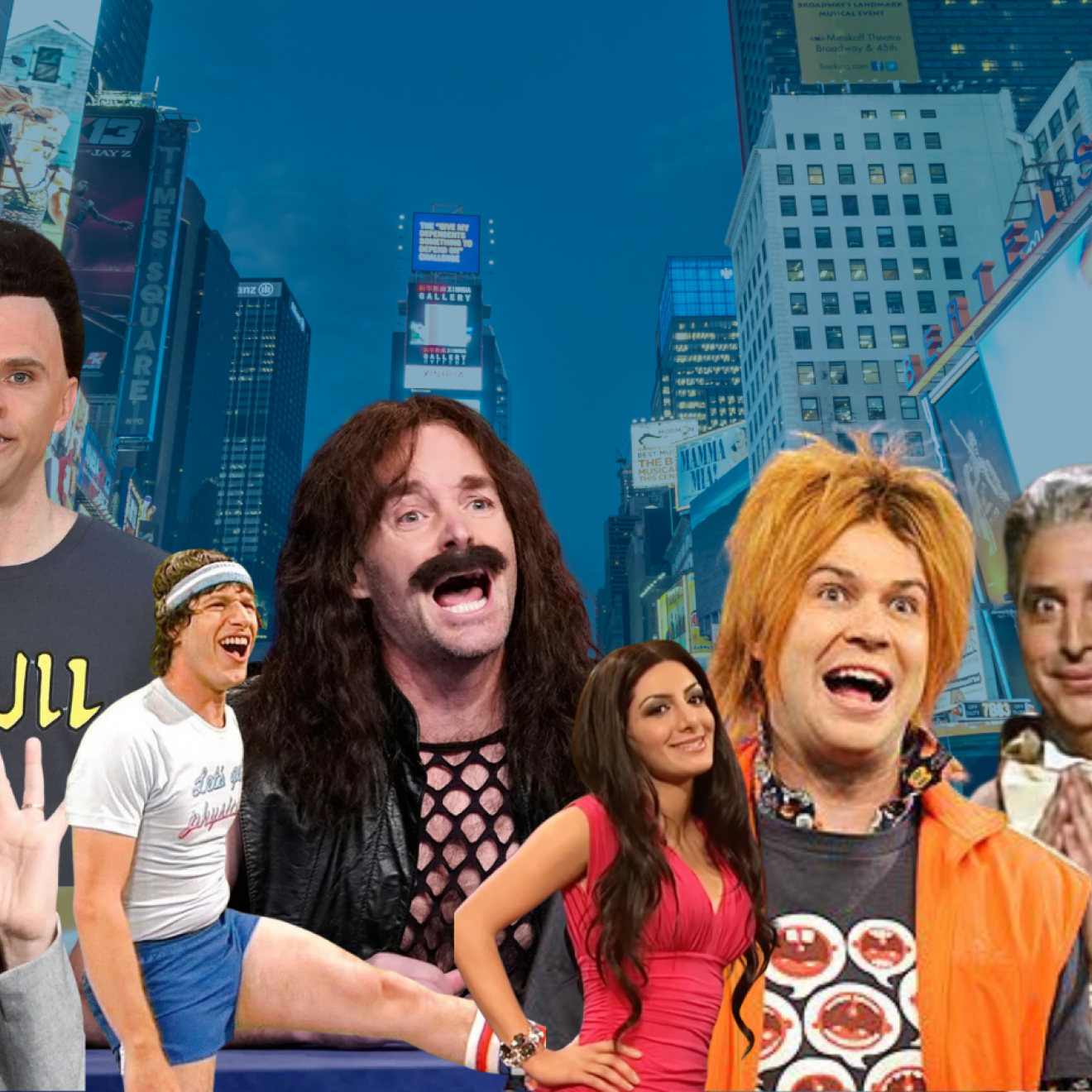 A collage showing 8 SNL cast members in various characters