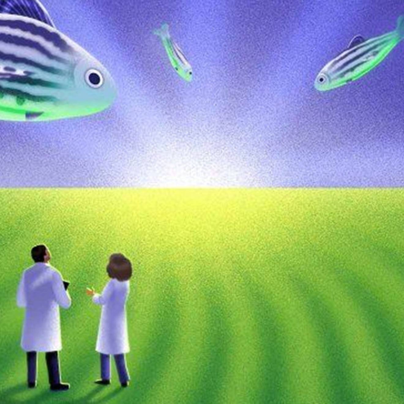 An illustration showing giant purple and green zebra fish floating in a purple sky, above 2 figures in white doctor's coats who stand in a zebra-striped green field, looking up. 