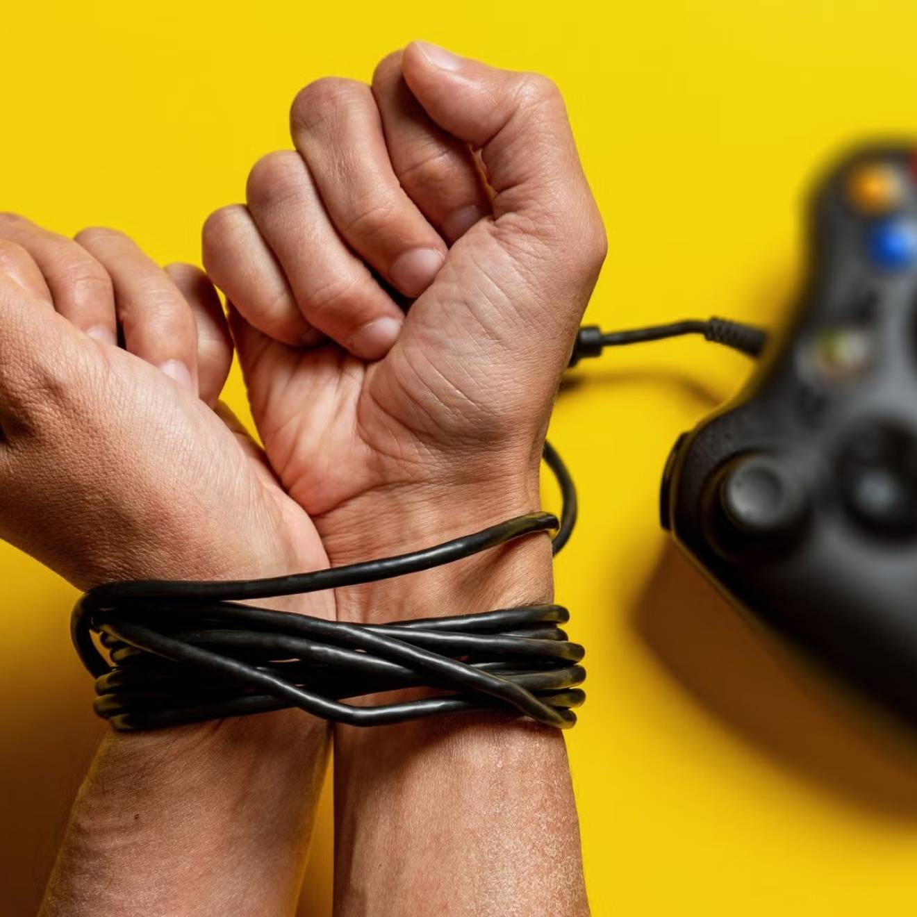 A pair of hands with wrists bound by a gaming console cord