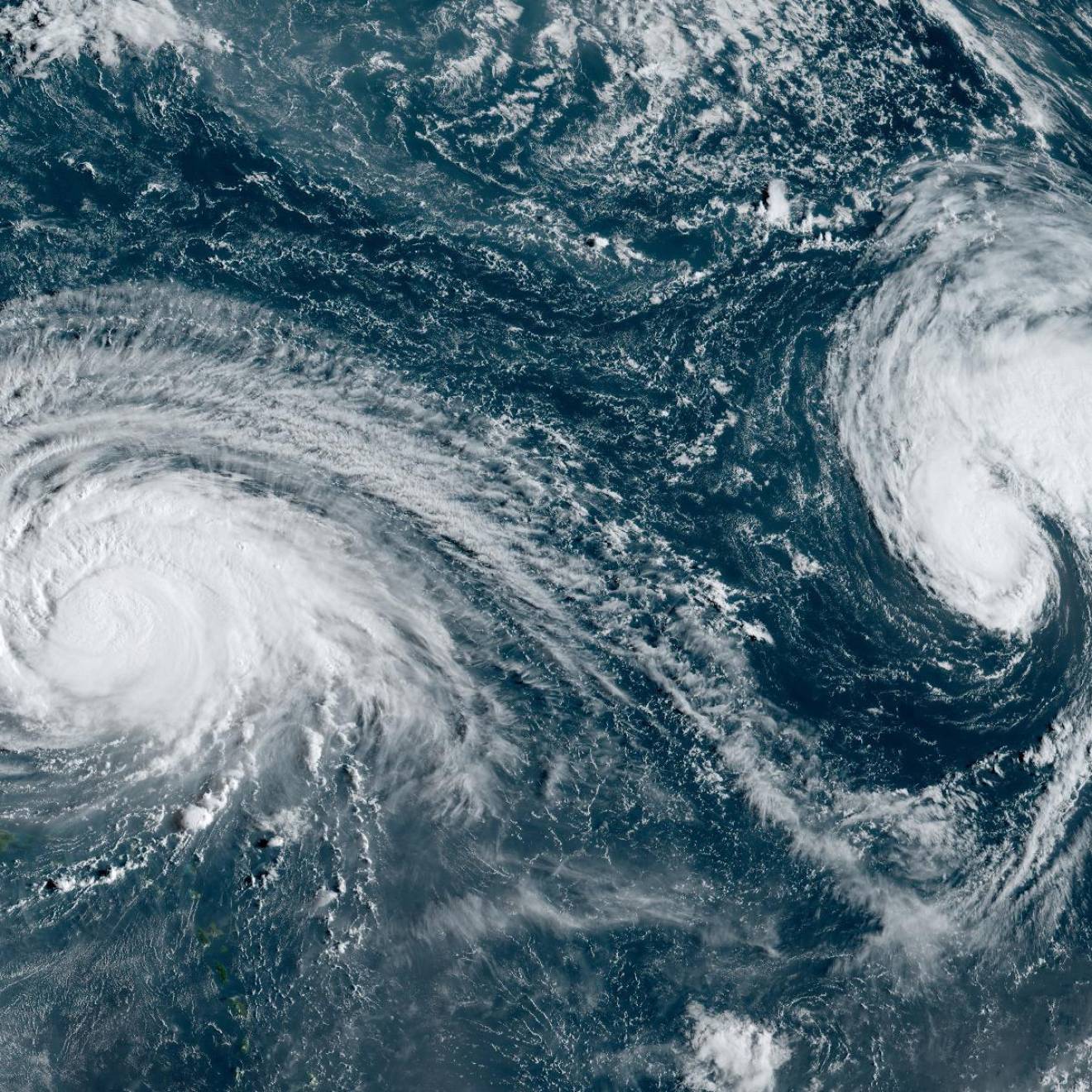 An aerial / topographical view of a hurricane with two eyes