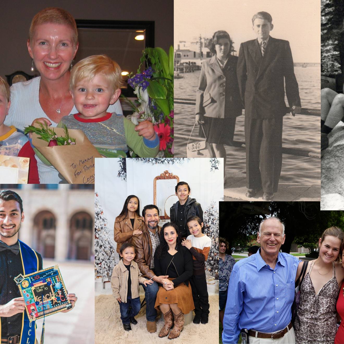 A collage of many pictures of families, individuals, and UC students in graduation robes, from antique to contemporary images
