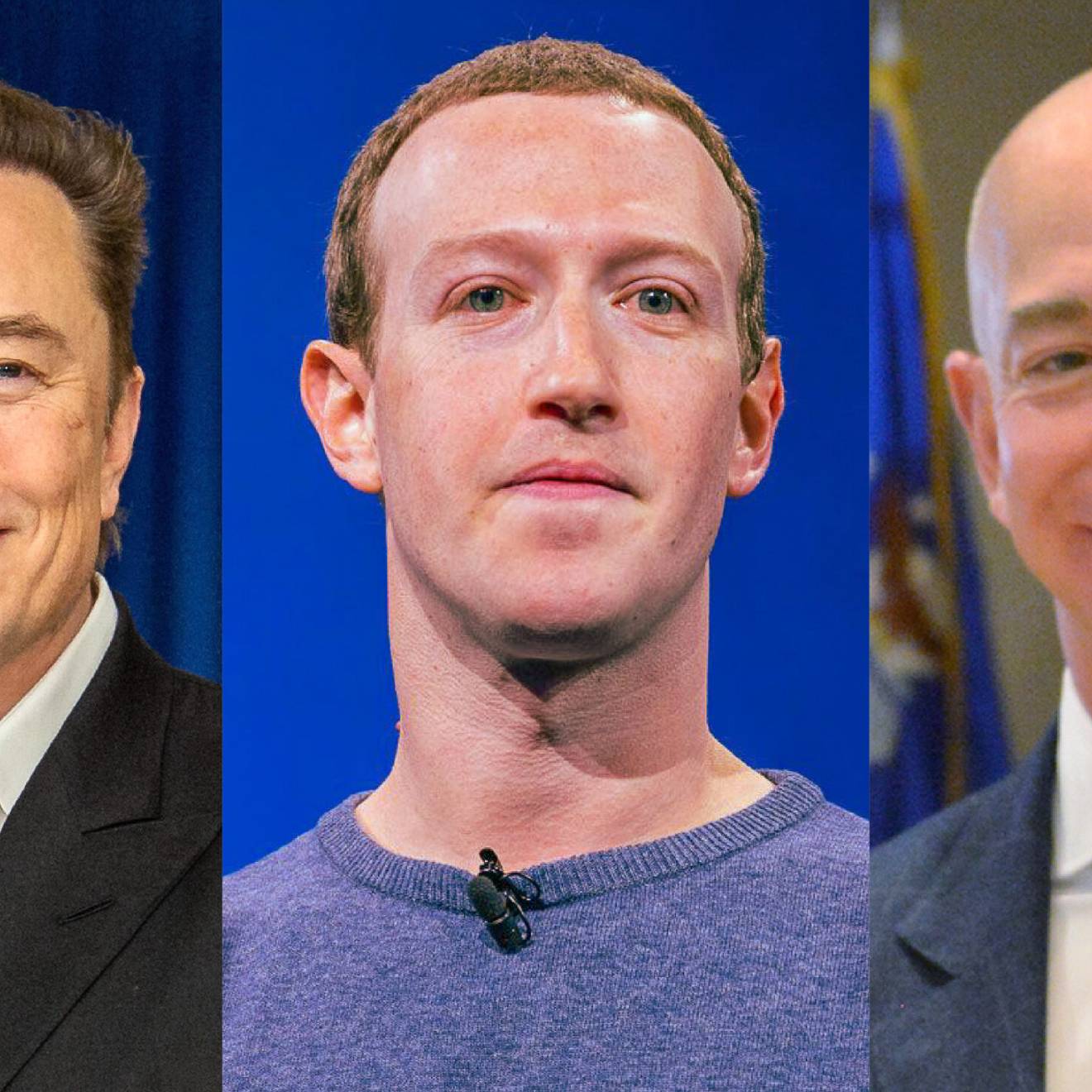 Elon Musk, Mark Zuckerberg and Jeff Bezos headshots in a collage