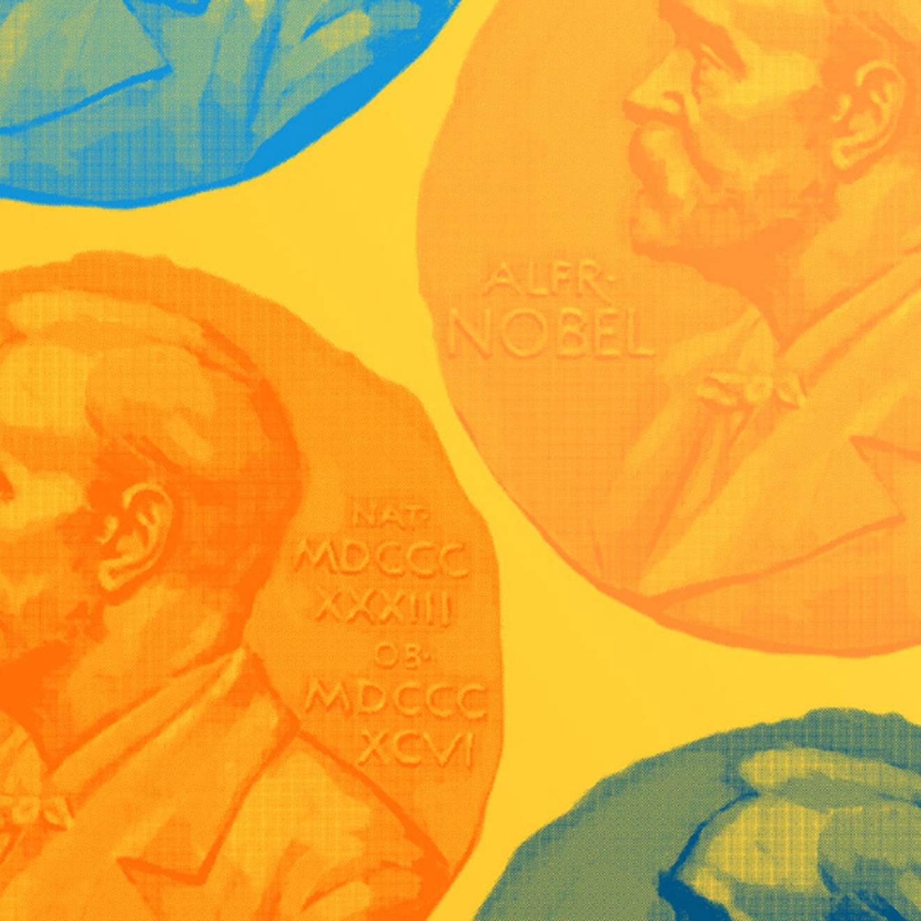 Stylized illustration of Nobel Prize medals in orange and blue on a yellow background