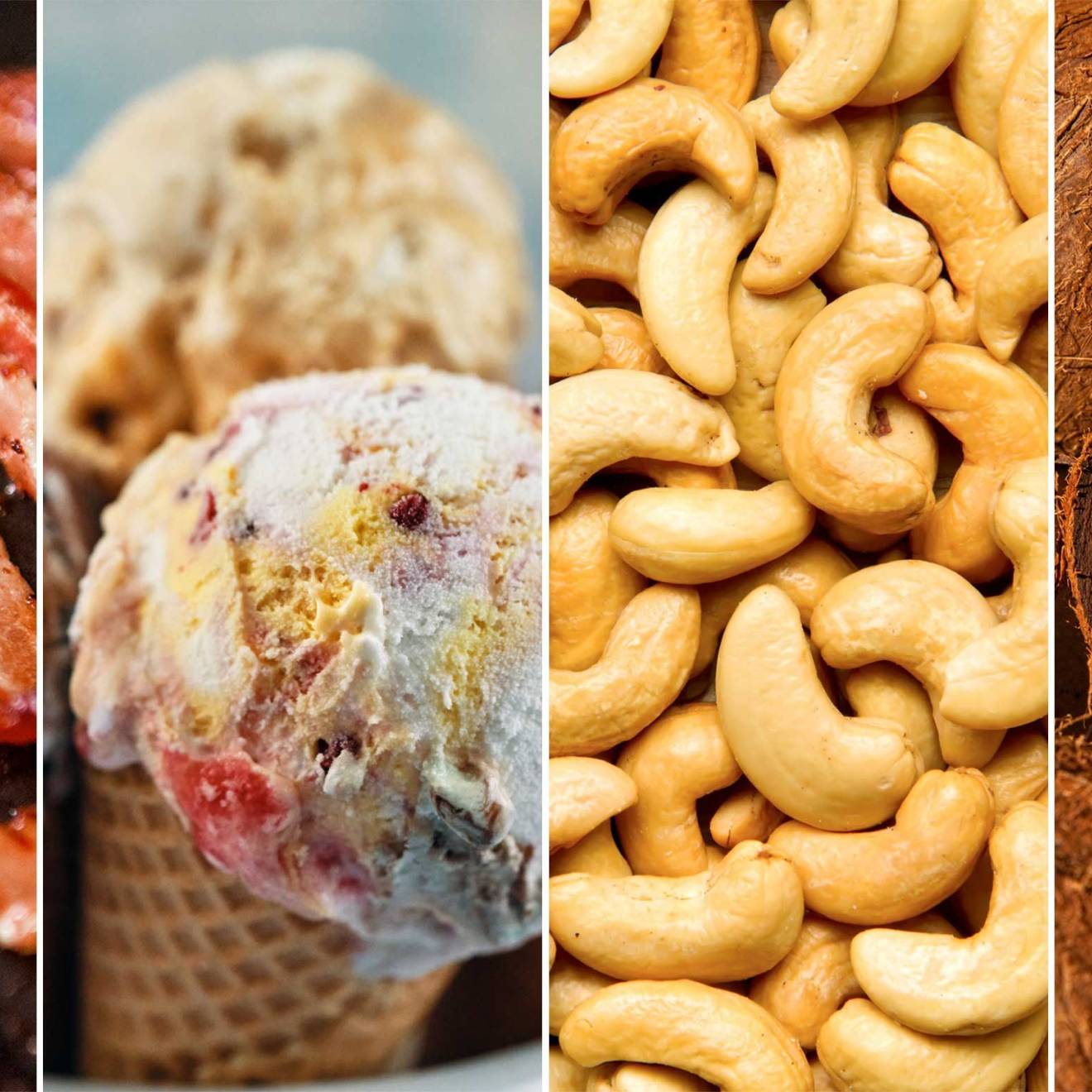 A collage of four photos of bacon, ice cream, cashews and coconut