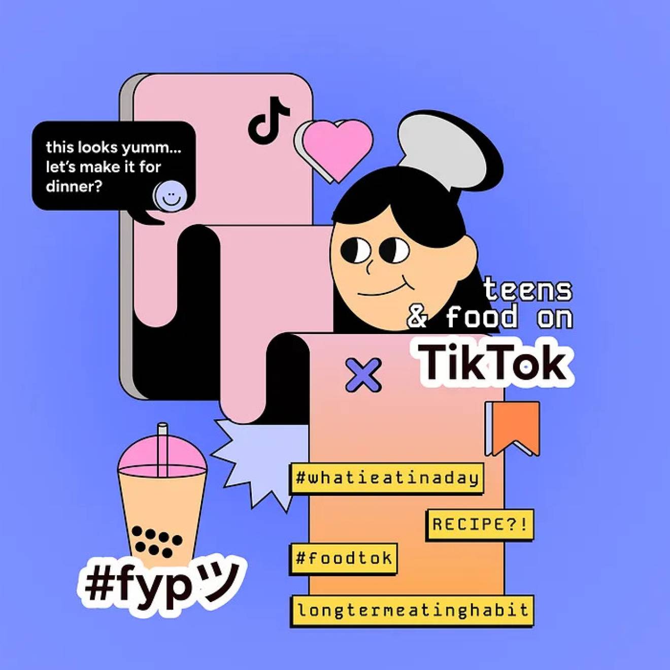An abstract cartoon of a young woman interacting with her phone and Foodtok with hashtags and boba tea around her