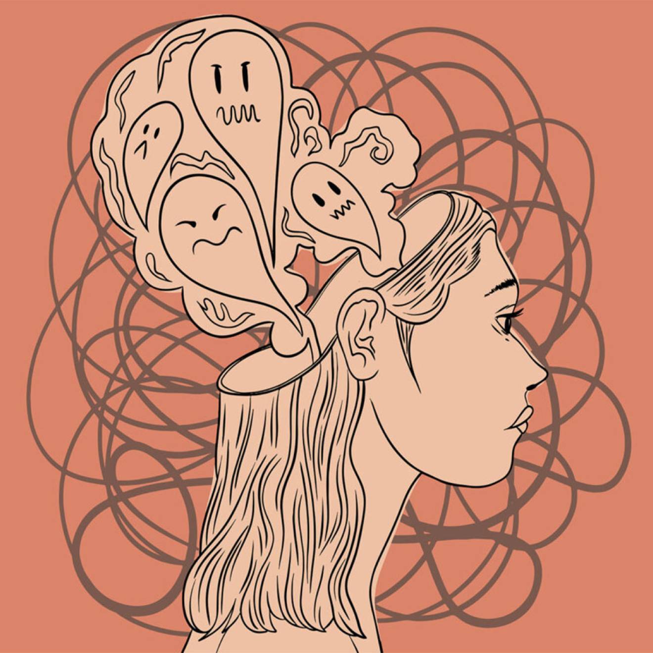 A peach-toned illustration of a woman's head in profile, with chaotic squiggles surrounding it, and ghosts floating up out of the top of her open skull